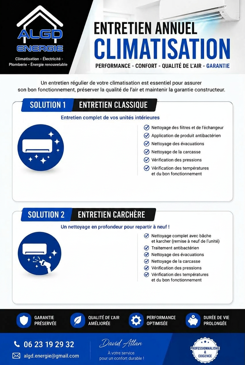 Formules d'entretien climatisation ALGD Énergie : entretien classique et entretien Karcher
